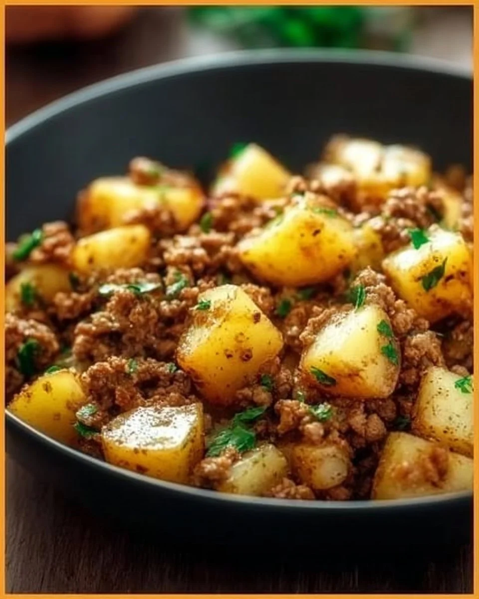 Ground turkey dish with seasoned potatoes on a plate
