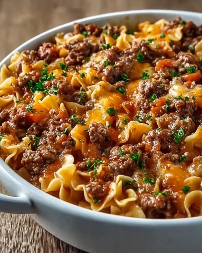 Delicious homemade Hamburger Casserole served in a baking dish