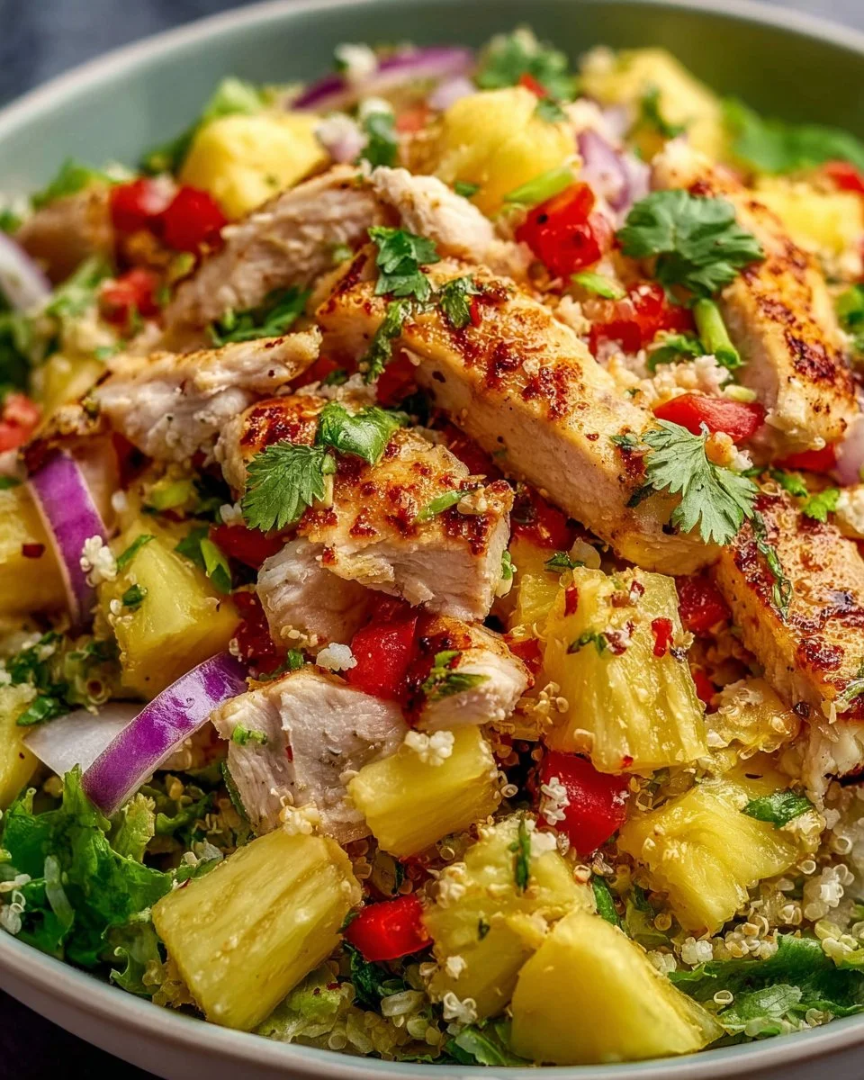 Delicious Hawaiian Chicken Salad garnished with tropical fruits and greens.