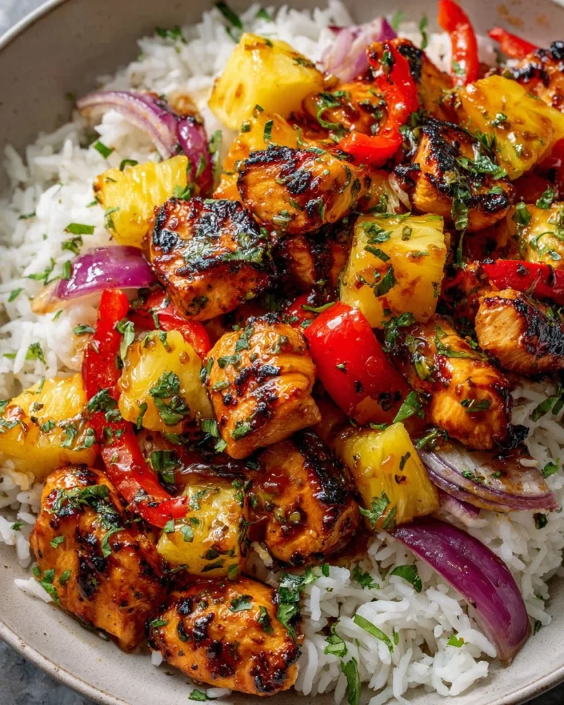 Delicious Hawaiian Chicken Sheet Pan meal with colorful vegetables and pineapple