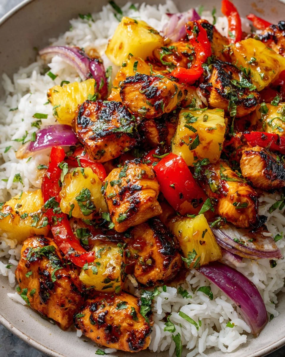 Delicious Hawaiian Chicken Sheet Pan meal with colorful vegetables and pineapple
