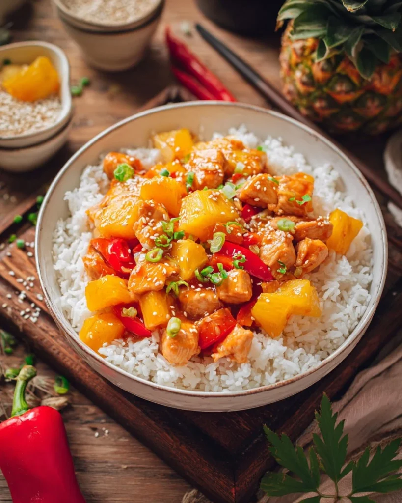 Hawaiian Pineapple Chicken Skillet with colorful vegetables and pineapple