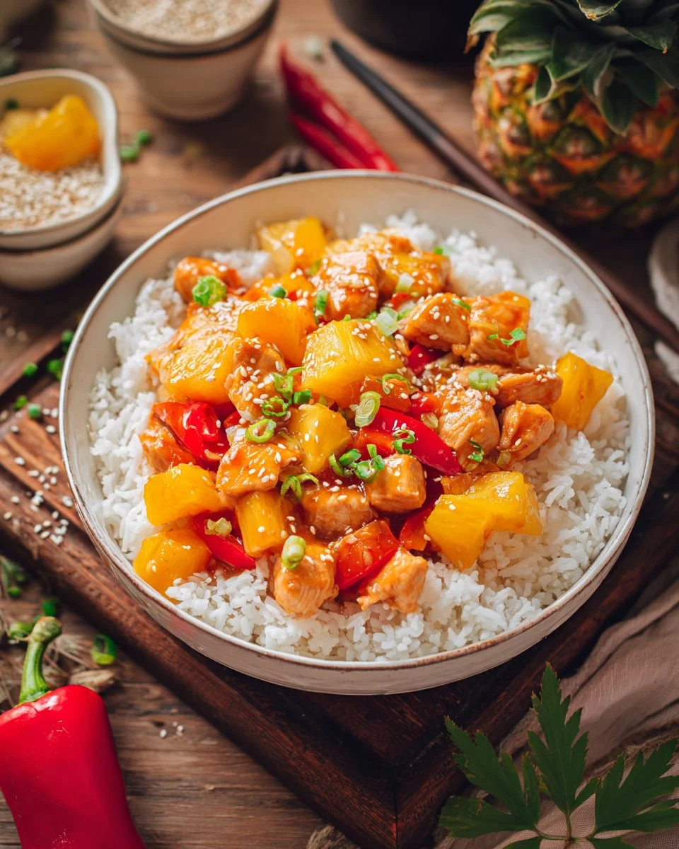 Hawaiian Pineapple Chicken Skillet with colorful vegetables and pineapple