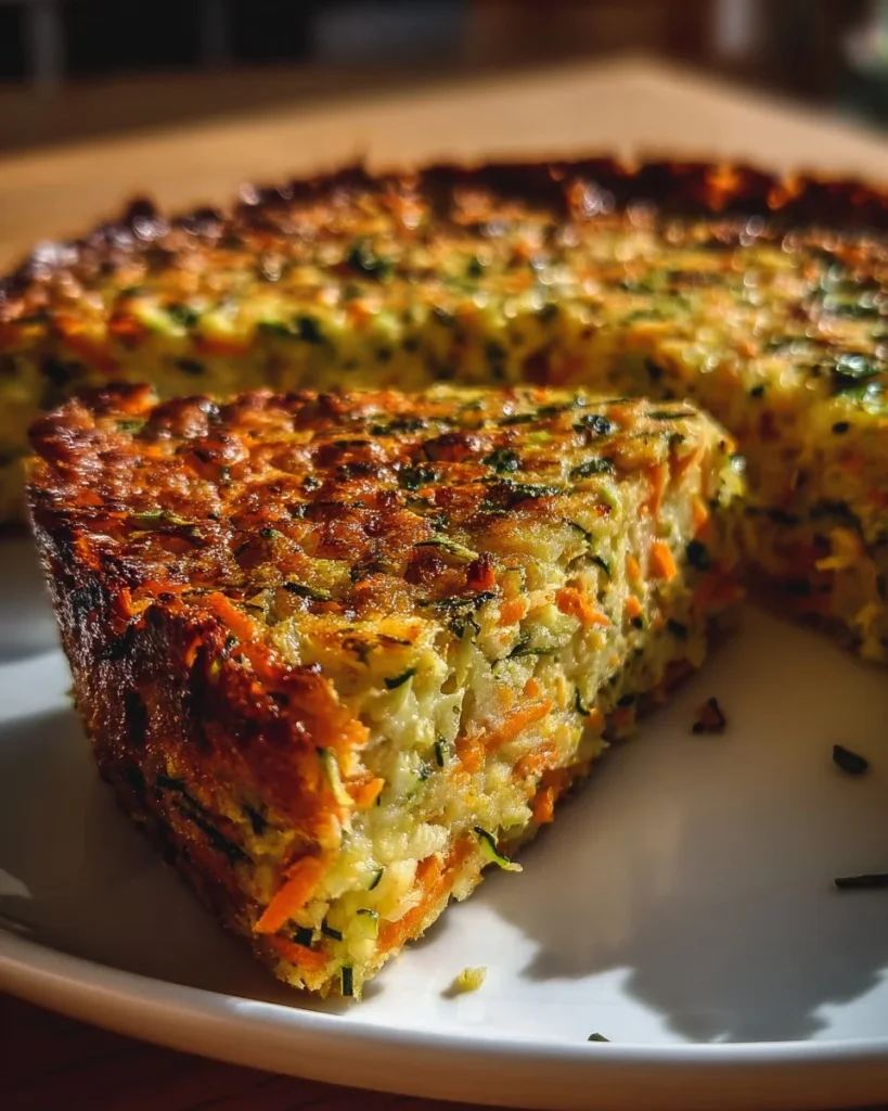 Healthy zucchini carrot slice on a plate with fresh veggies garnishing.