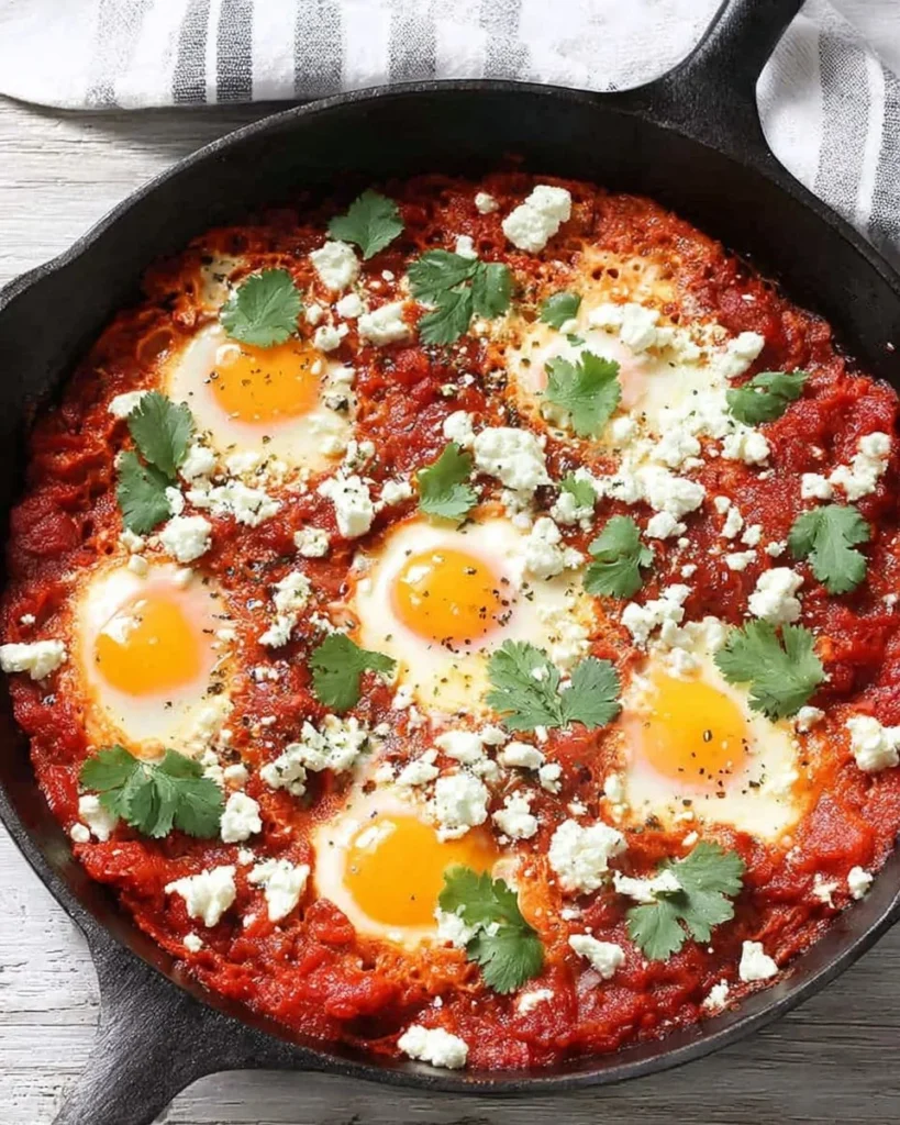 Hearty shakshuka topped with eggs and fresh herbs in a skillet