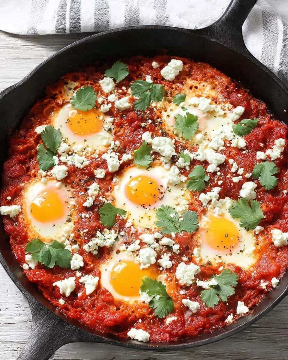 Hearty shakshuka topped with eggs and fresh herbs in a skillet