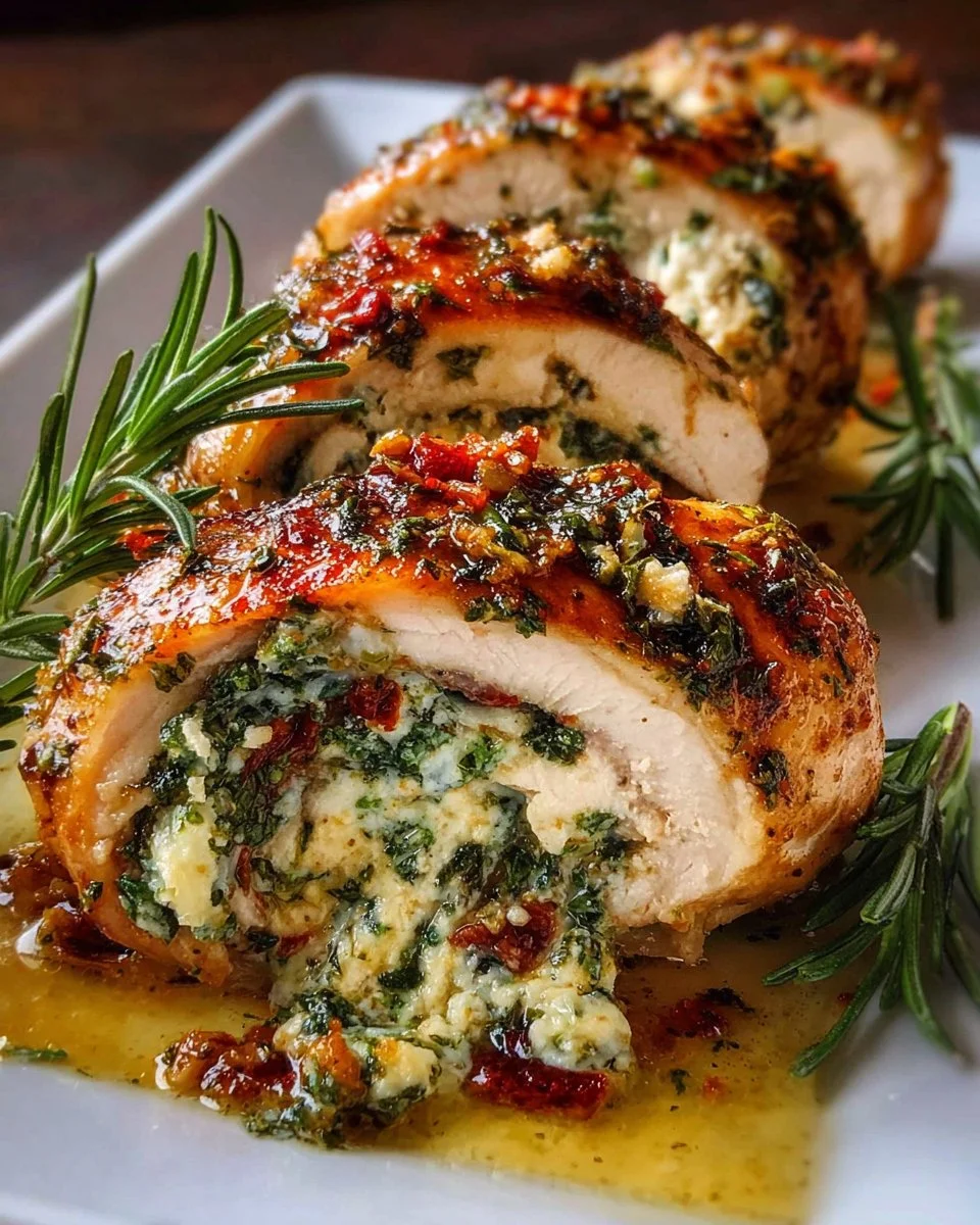 Herbed ricotta stuffed chicken rolls on a plate garnished with herbs