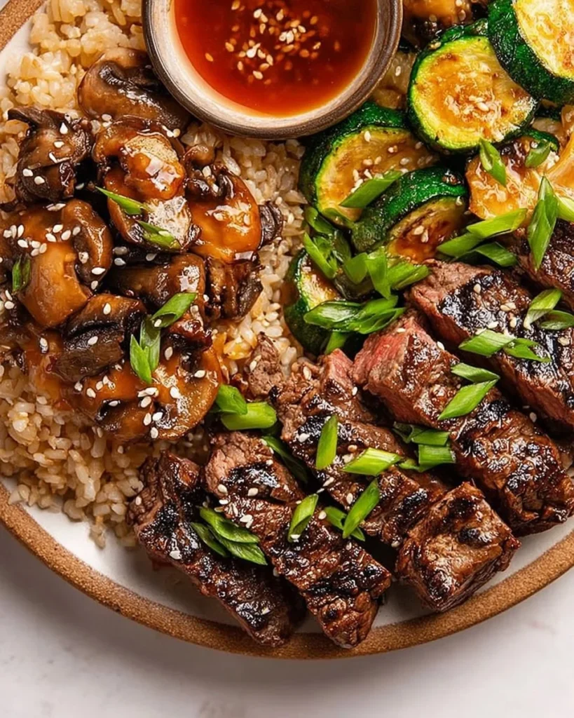 Delicious Hibachi Steak served with vibrant vegetables and dipping sauces