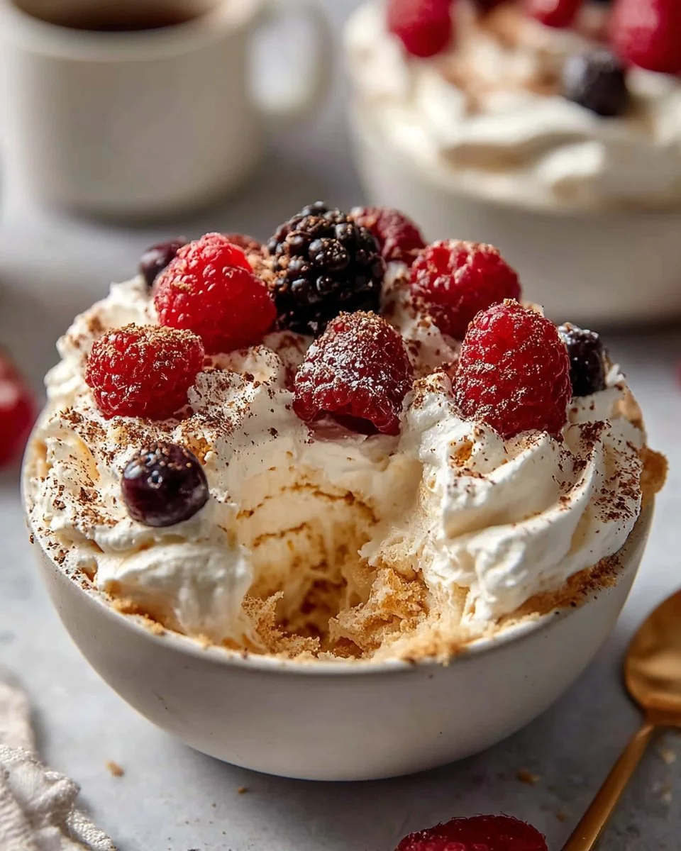 High protein cheesecake fluff dessert in a bowl with berries