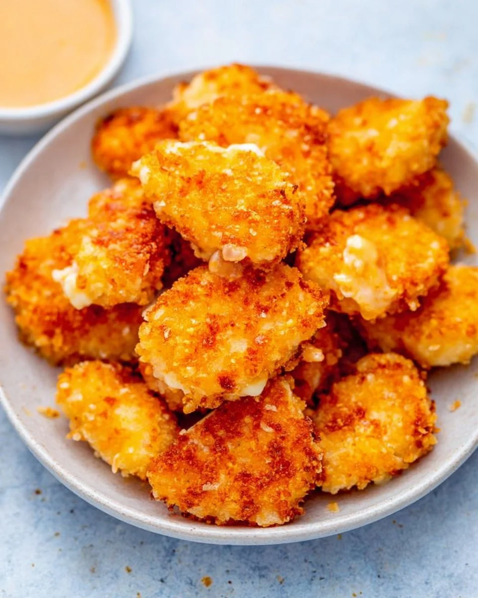 Plate of homemade air fryer crispy chicken nuggets with dipping sauce