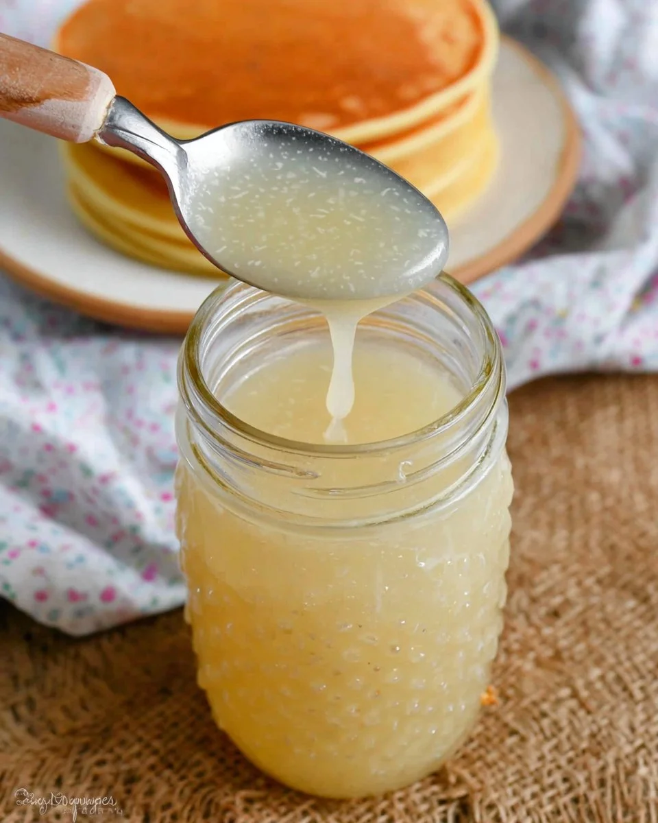 Homemade coconut syrup in a glass jar with a spoon and tropical leaves