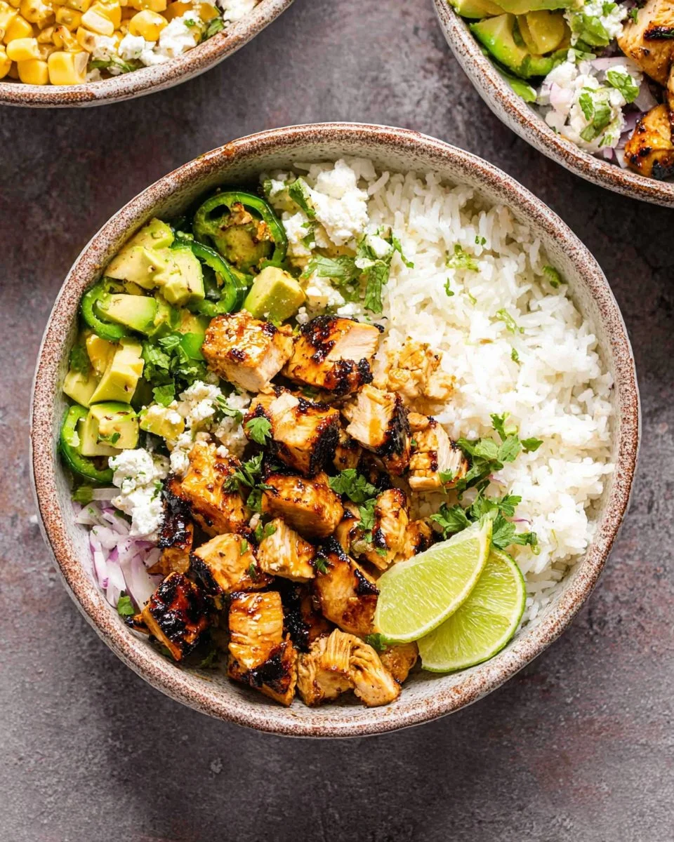 Honey Chipotle Chicken Rice Bowl topped with fresh garnishes