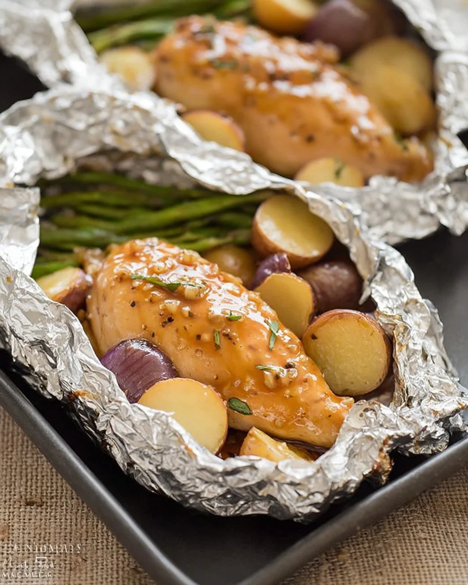 Honey garlic chicken foil packets ready for grilling or baking.