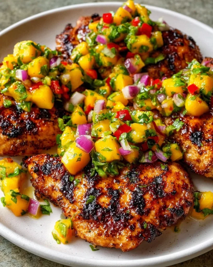 Honey Lime Chicken served with Fresh Mango Salsa on a plate