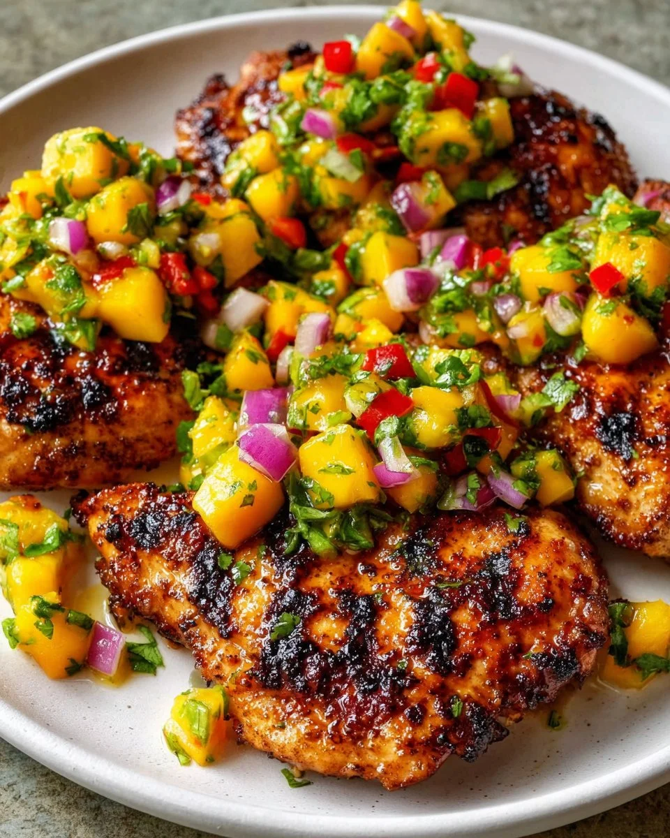 Honey Lime Chicken served with Fresh Mango Salsa on a plate
