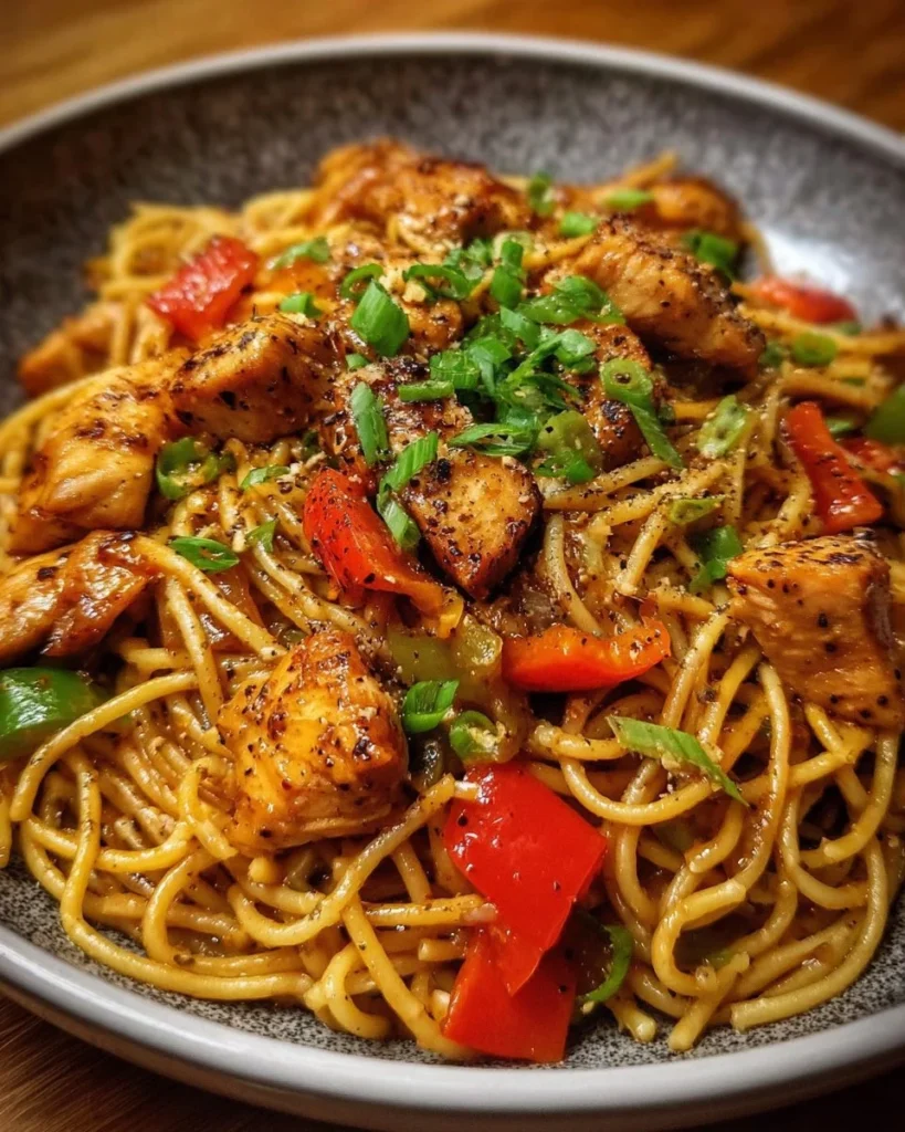 Plate of Honey Pepper Chicken Pasta garnished with herbs