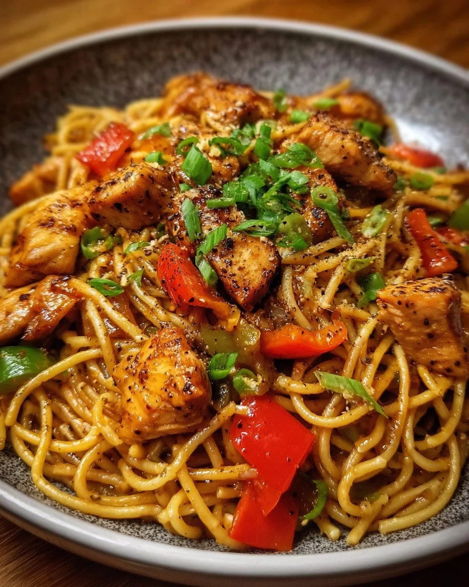 Plate of Honey Pepper Chicken Pasta garnished with herbs