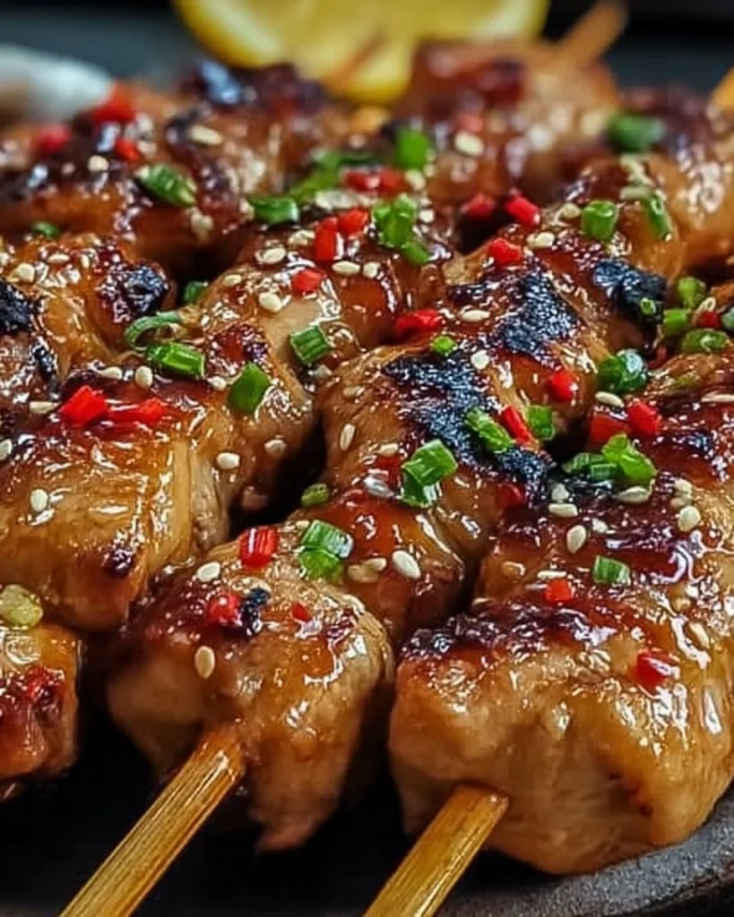 Honey Sriracha grilled chicken skewers on a plate with garnishes