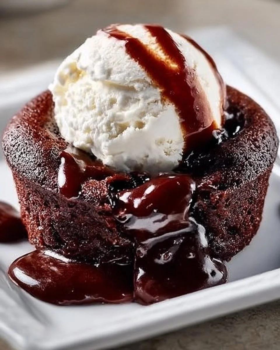 Delicious hot fudge pudding cake served with chocolate sauce and vanilla ice cream