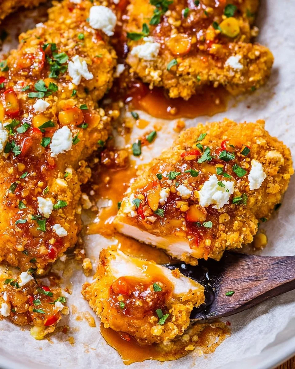 Delicious Hot Honey Feta Chicken dish garnished and ready to serve
