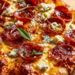 A slice of hot honey pizza topped with spicy pepperoni and drizzled with honey.