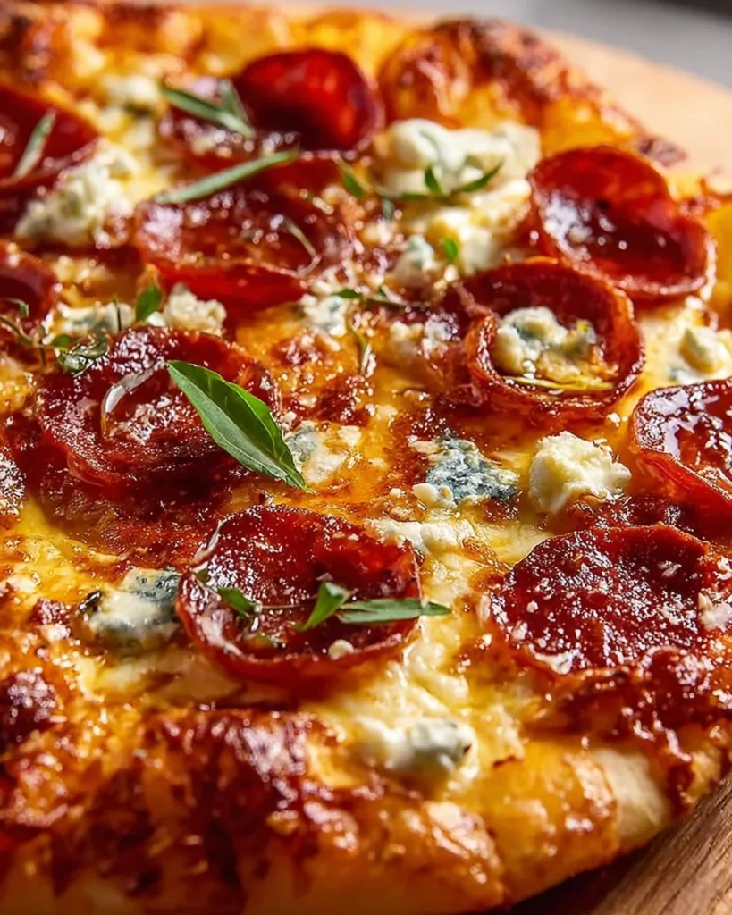 A slice of hot honey pizza topped with spicy pepperoni and drizzled with honey.