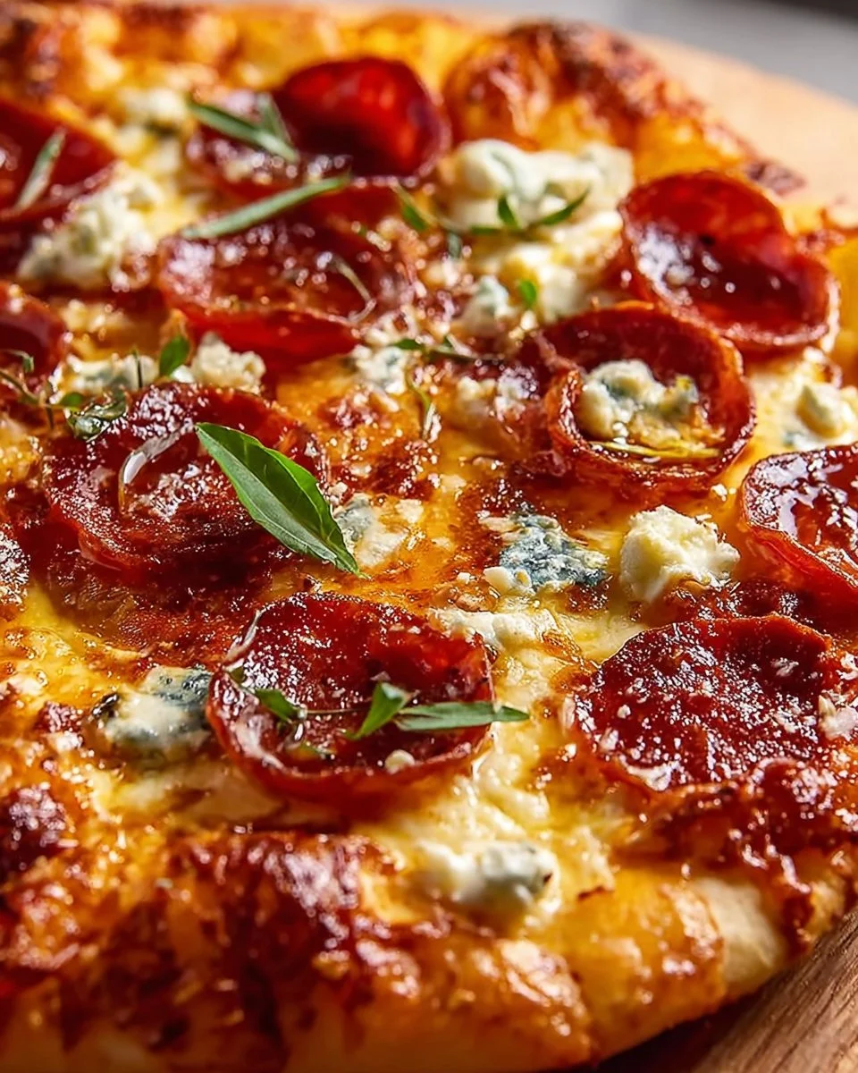 A slice of hot honey pizza topped with spicy pepperoni and drizzled with honey.