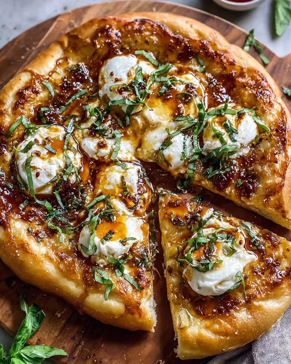 Delicious Hot Honey Ricotta Pizza topped with creamy ricotta and drizzled with honey.