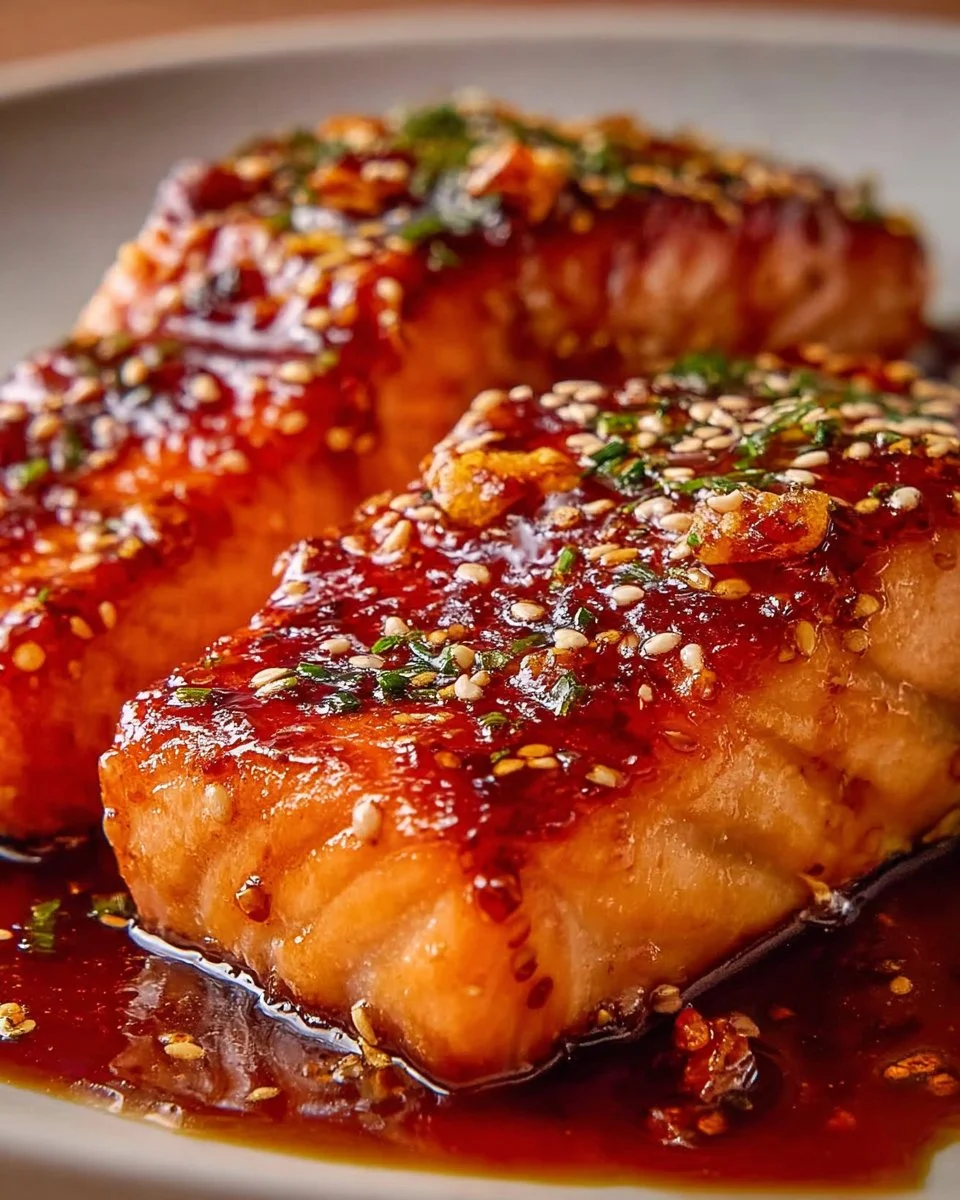 Plate of hot honey salmon garnished with herbs and chili flakes