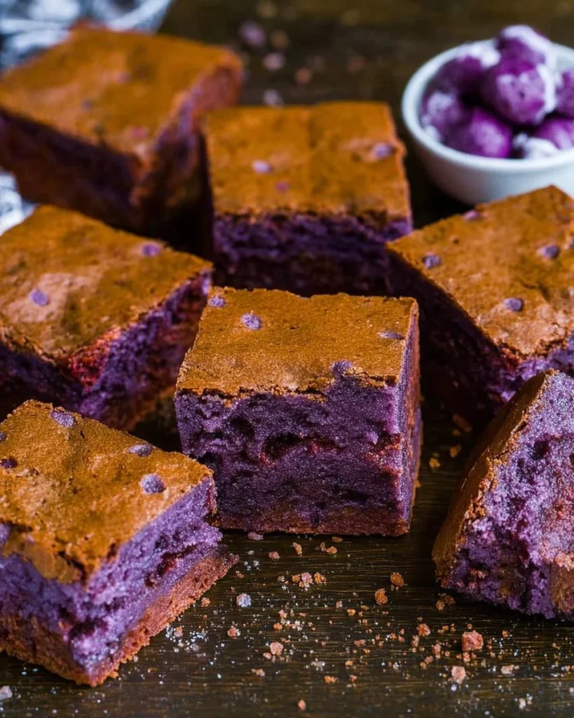 Delicious ube brownies arranged on a white plate with a vibrant purple hue.
