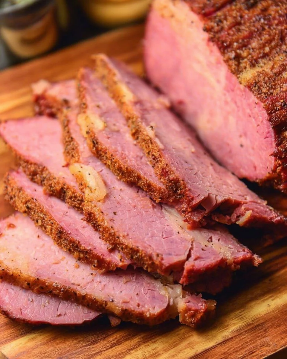 Instant Pot corned beef brisket served with vegetables and herbs
