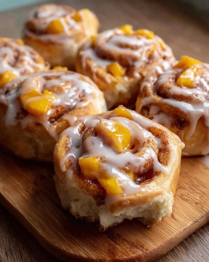 Delicious peach cinnamon rolls topped with icing and fresh peach slices