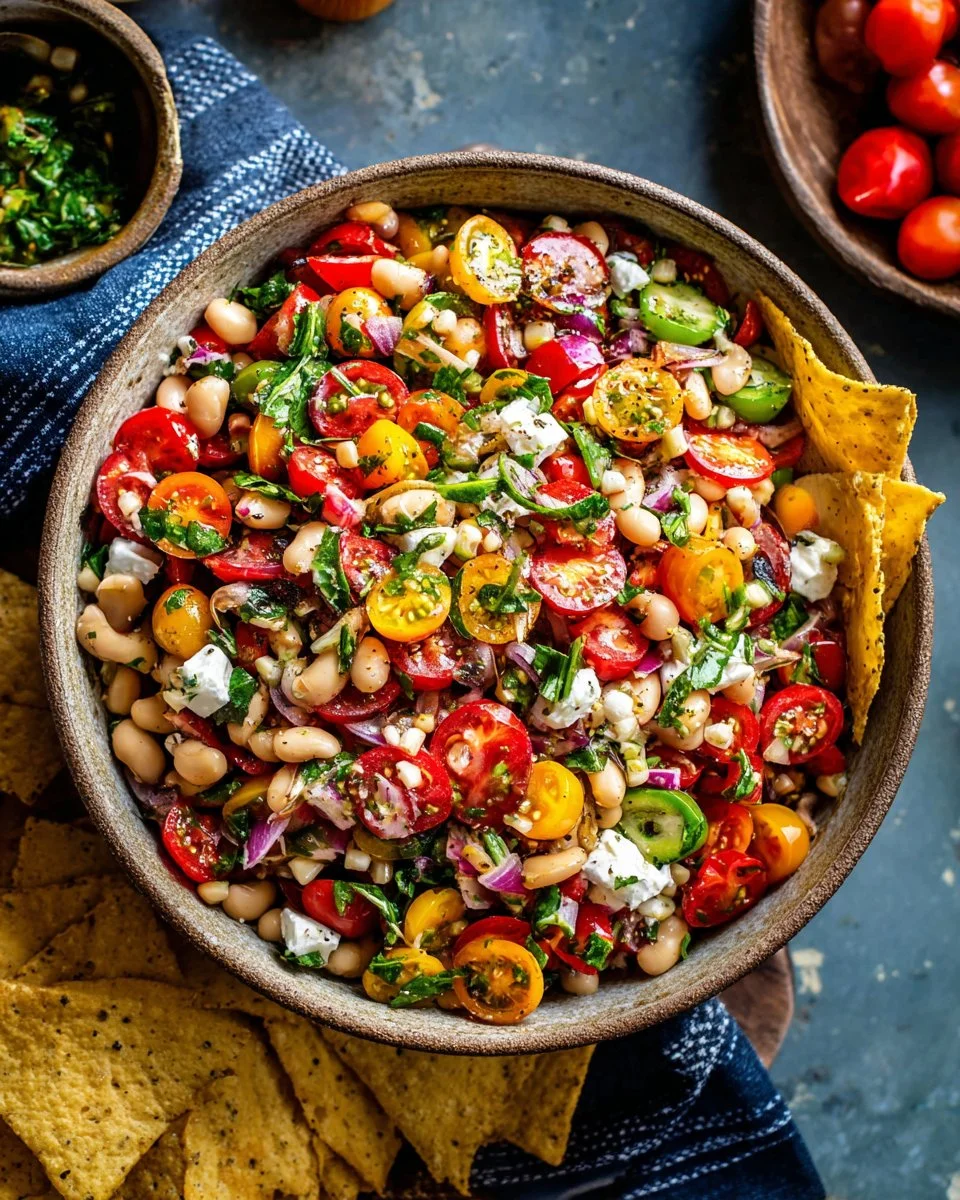 A colorful bowl of Italian Cowboy Caviar featuring beans, tomatoes, and herbs.