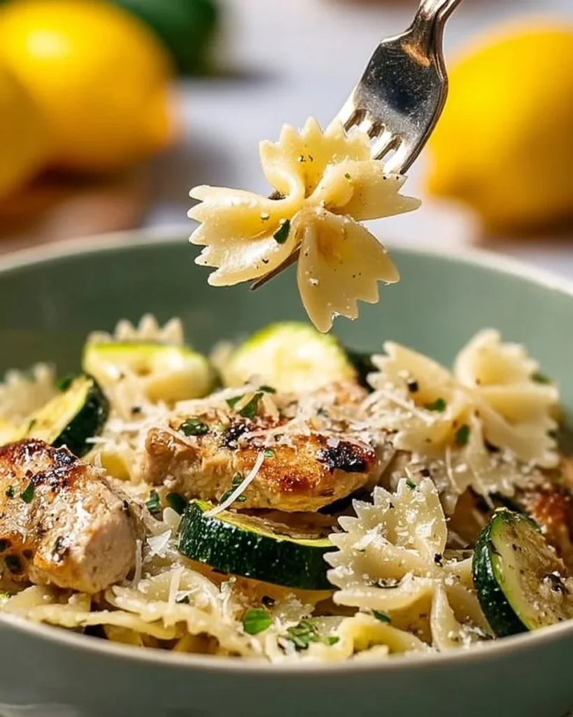 Plate of Italian Lemon Chicken Pasta garnished with fresh herbs and lemon slices