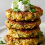 Plate of homemade Jalapeño Corn Zucchini Cakes garnished with herbs