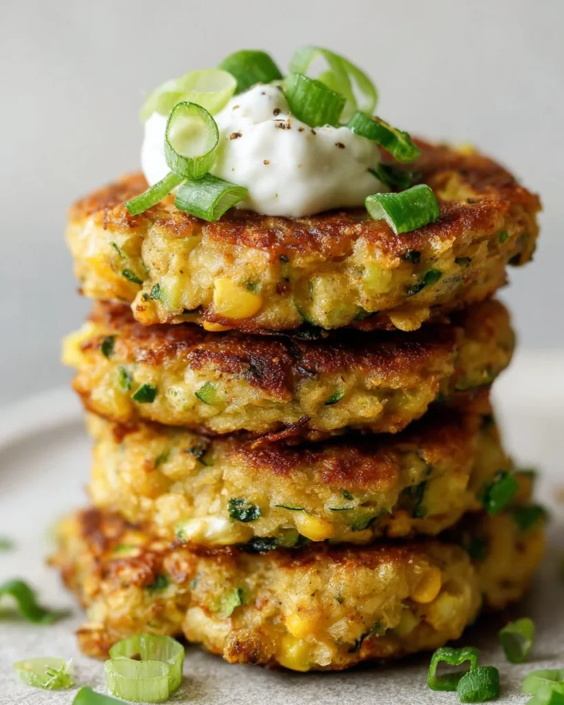 Plate of homemade Jalapeño Corn Zucchini Cakes garnished with herbs