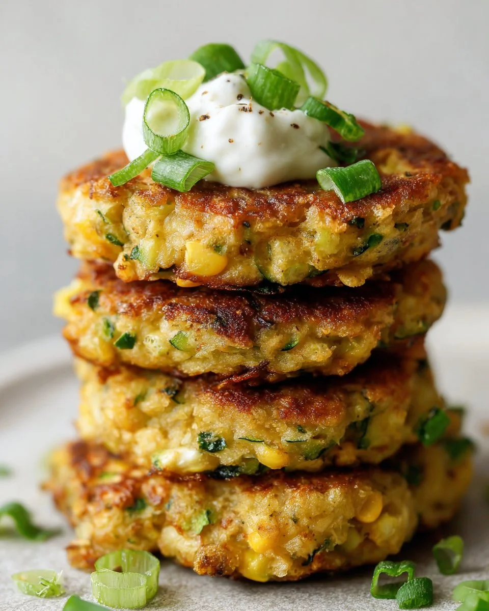 Plate of homemade Jalapeño Corn Zucchini Cakes garnished with herbs