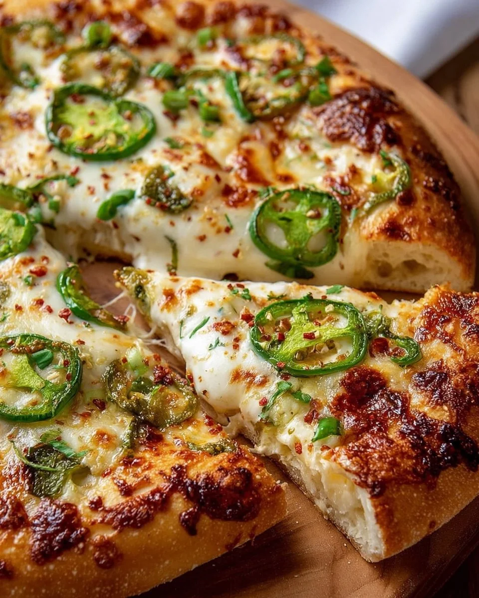 Delicious Jalapeño Popper Pizza topped with creamy cheese and jalapeños