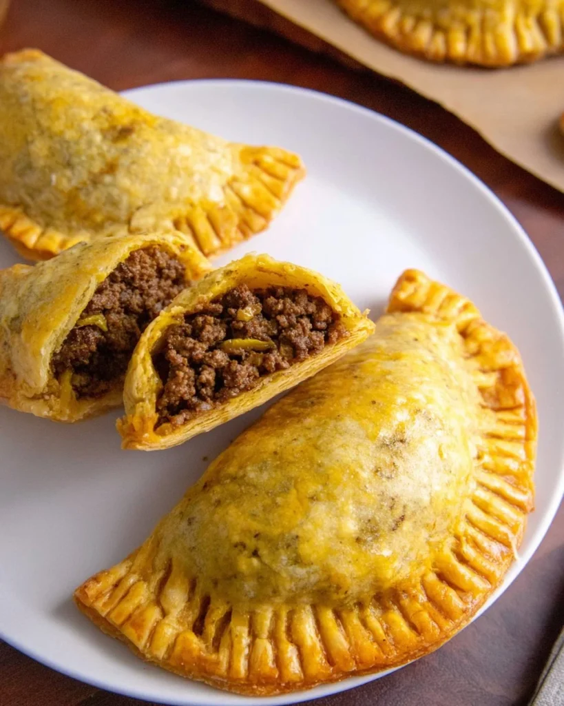 Golden Jamaican Beef Patties fresh from the oven, ready to enjoy.
