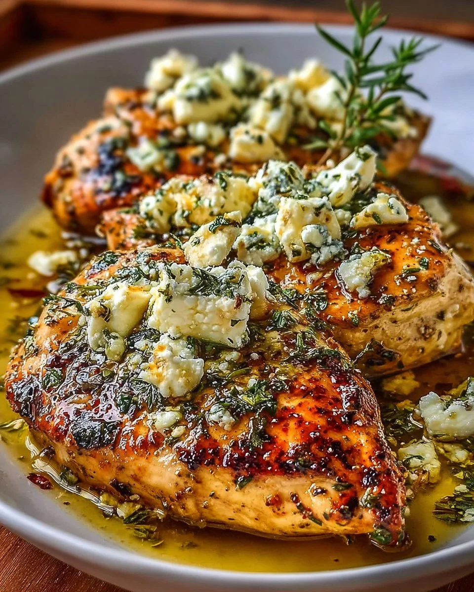 Juicy Greek chicken with lemon and feta served on a plate