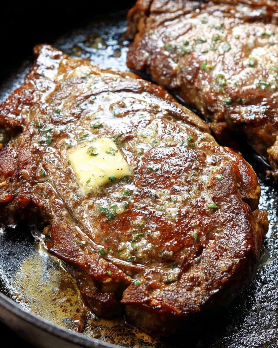 Grilled juicy ribeye steak served with herbs and spices