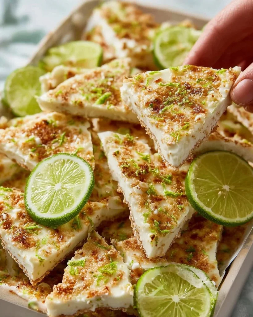 Delicious Key Lime Pie Yogurt Bark topped with lime zest and graham cracker crumbs.