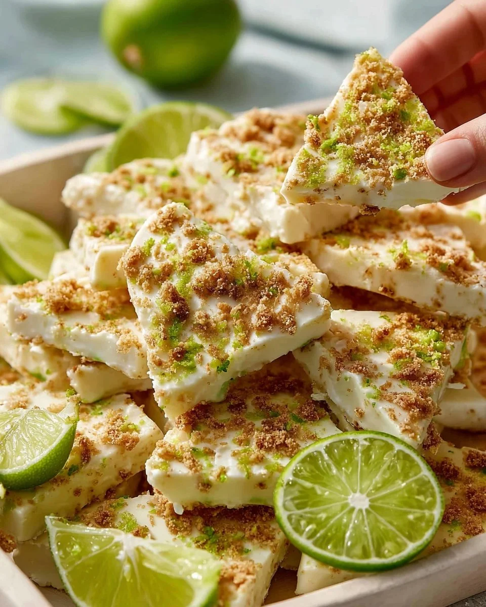 Delicious Key Lime Pie Yogurt Bark topped with lime zest and graham cracker crumbles.