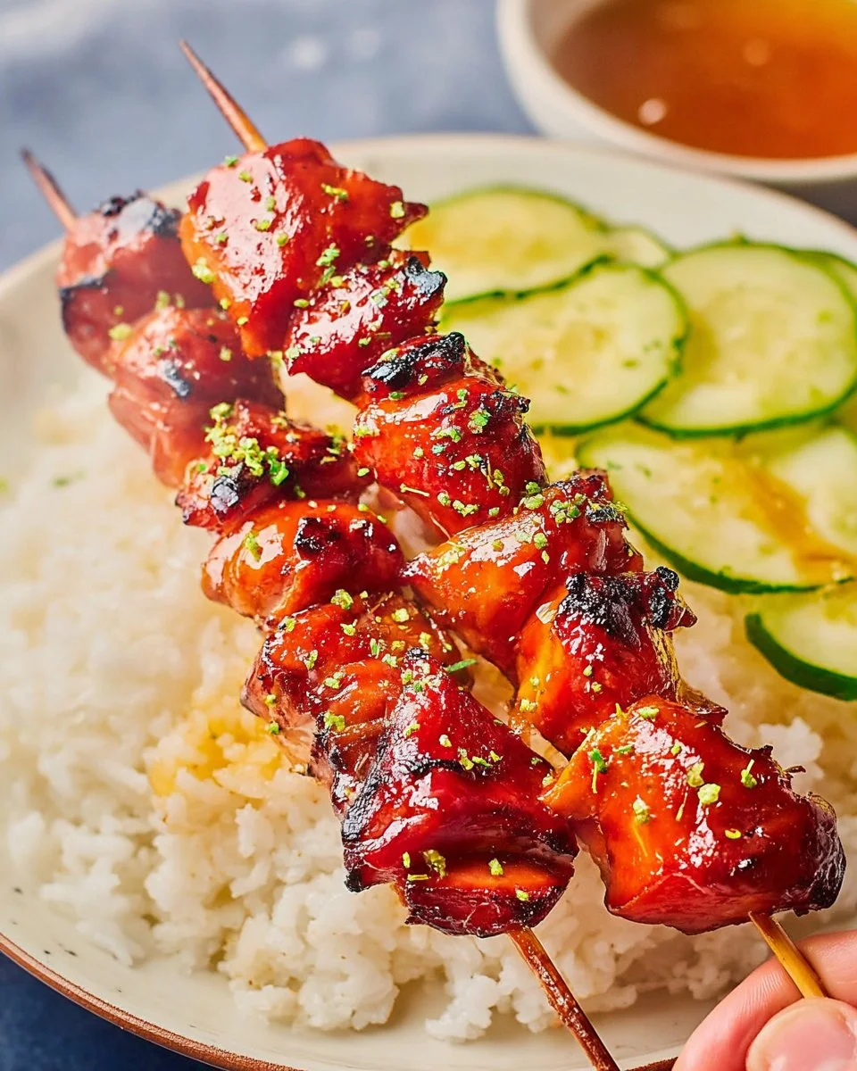 Grilled Korean BBQ chicken skewers served on a plate with dipping sauce.