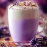 A cup of lavender milk tea topped with a sprig of lavender flowers