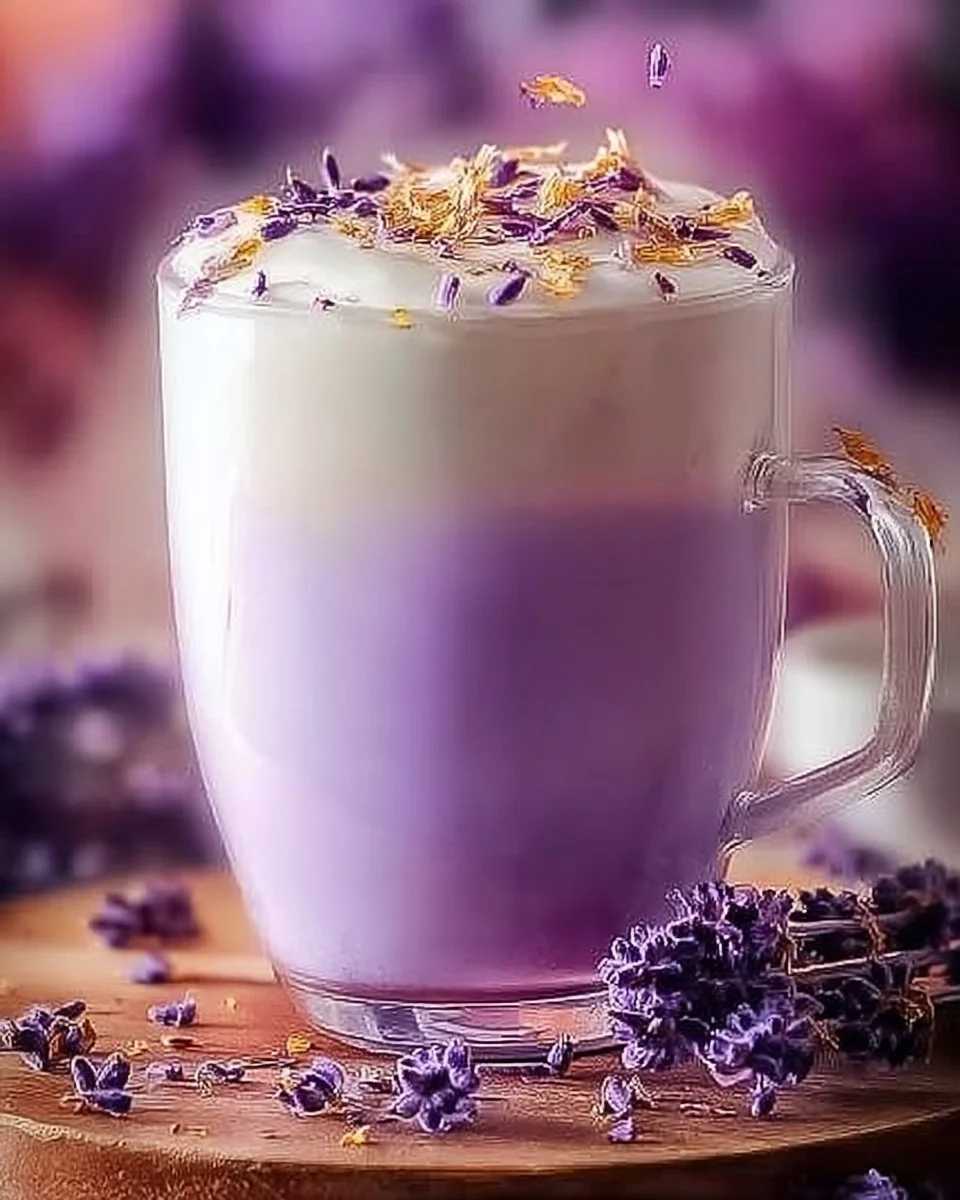 A cup of lavender milk tea topped with a sprig of lavender flowers