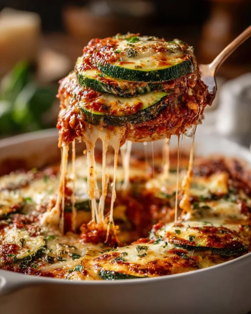 Layered zucchini ricotta melts dish with layers of zucchini and creamy ricotta cheese.