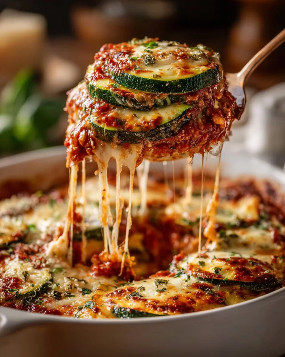 Layered zucchini ricotta melts dish with layers of zucchini and creamy ricotta cheese.