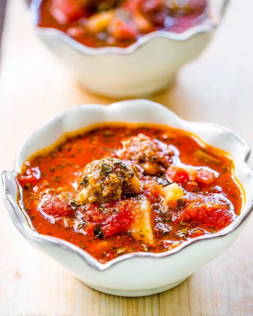Bowl of Lazy Lasagna Soup with Italian sausage, cheese, and fresh herbs