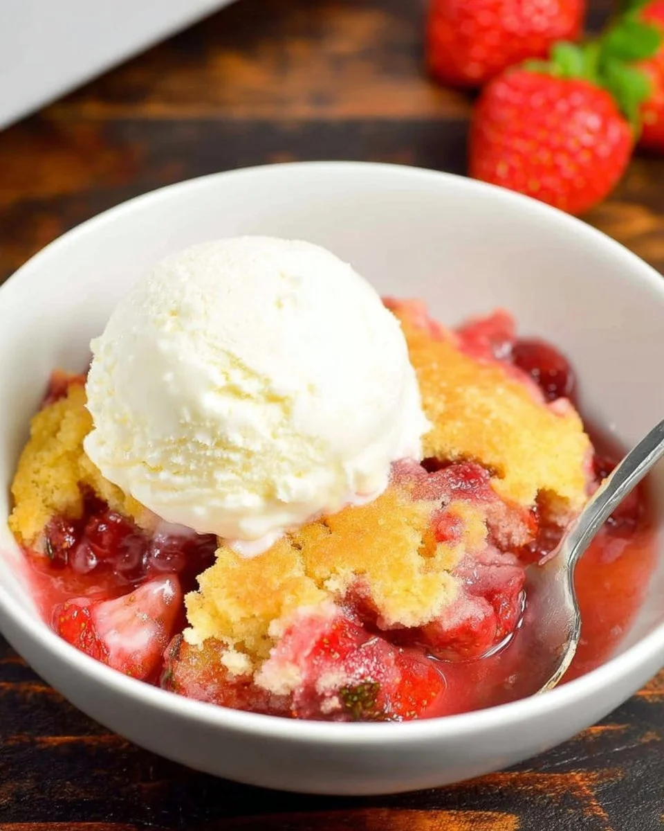 Lemon Basil Strawberry Cobbler topped with fresh basil and lemon slices
